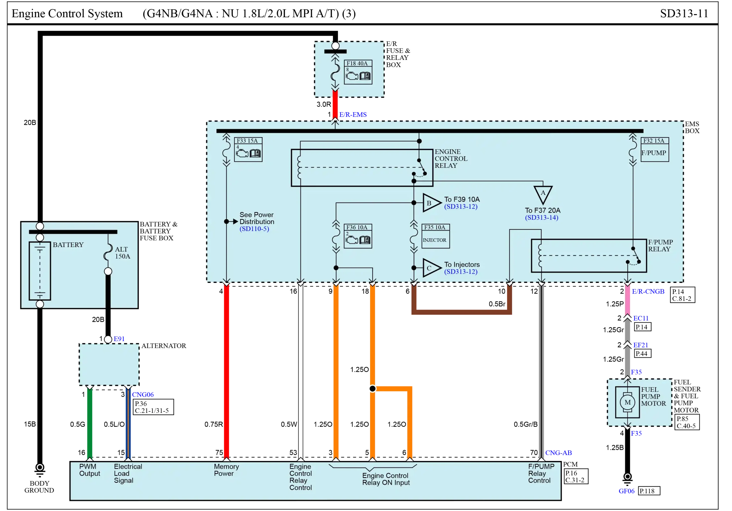 Diagrama eléctrico Hyundai Elantra Coupe 2013 G4NB-G4NA 1.8L 2.0L AT (SD313-11)